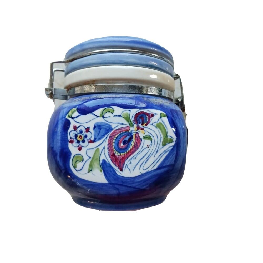 French Country Canister 5" Blue Hinge Floral Farm Cottage Shabby Chic Old Granny